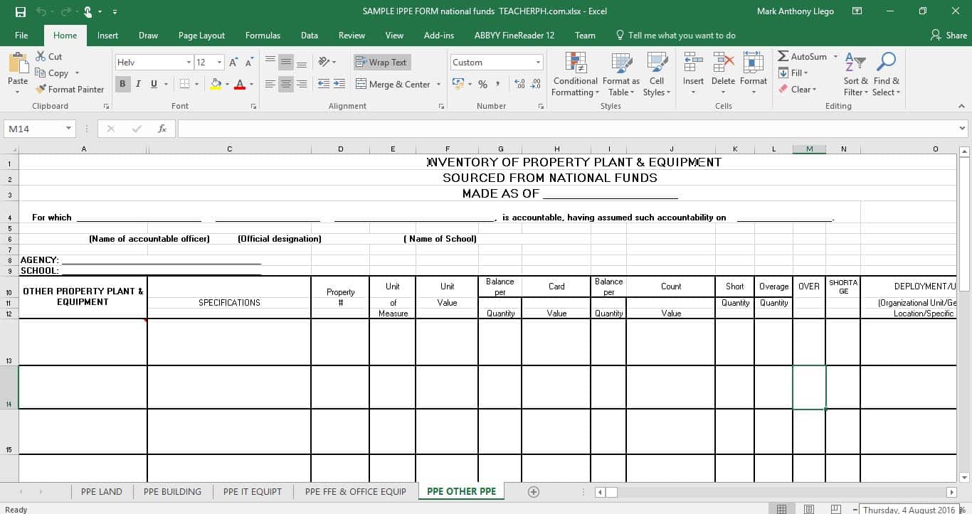 Inventory of Property Plant and Equipment (IPPE) FORM - NATIONAL FUNDS