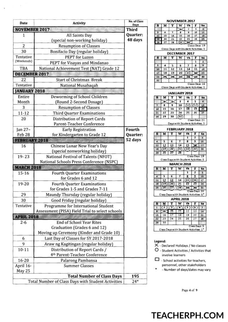 Deped School Calendar For School Year 2017 2018 Teacherph