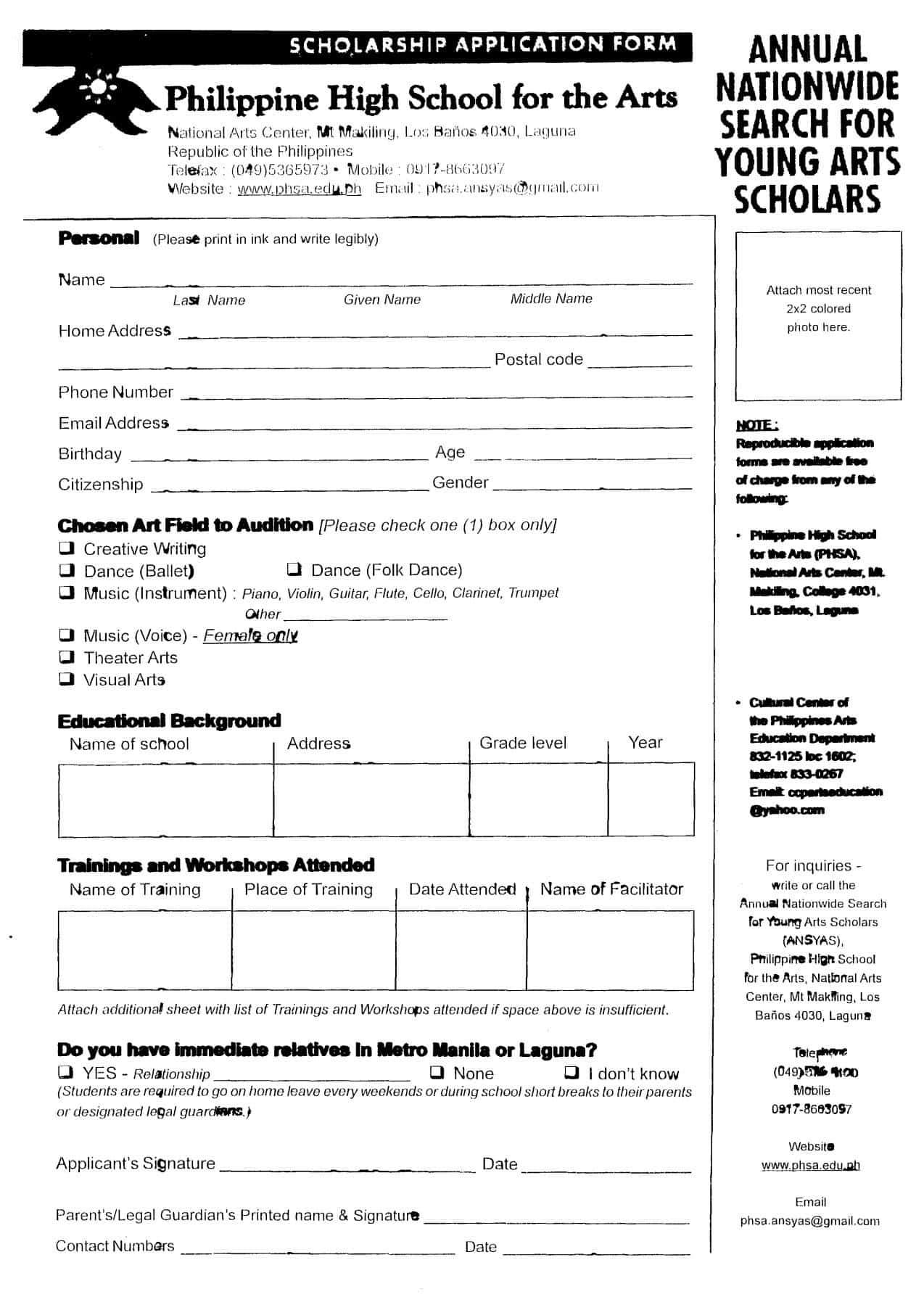 Philippine High School for the Arts Scholarship Form