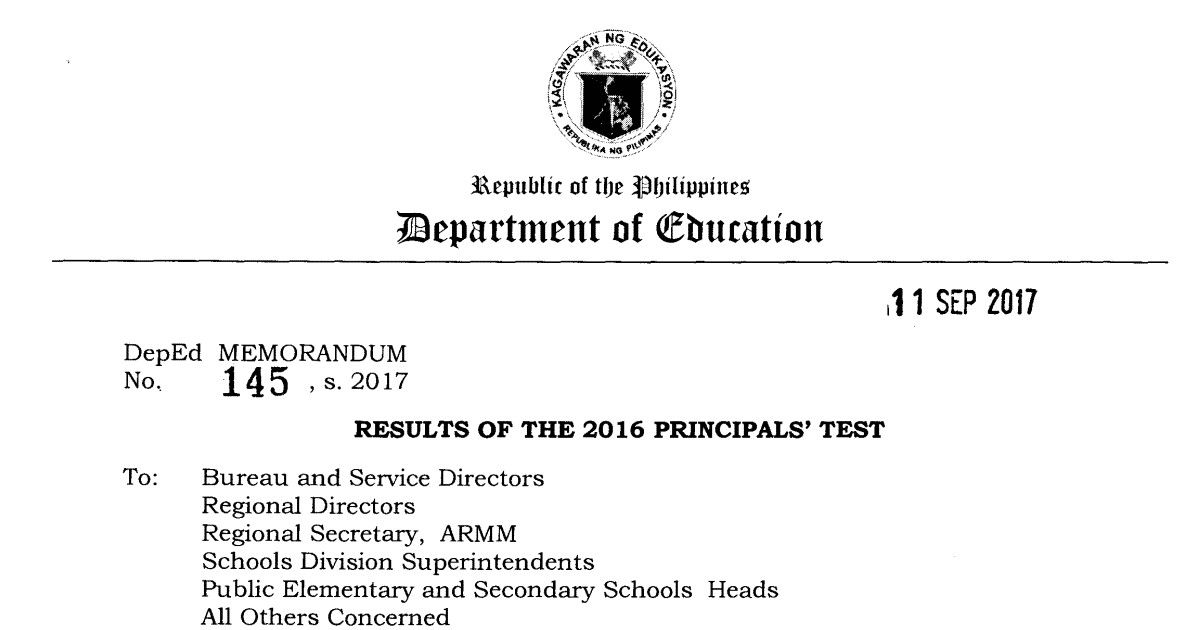 Results of the 2016 Principals' Test Official