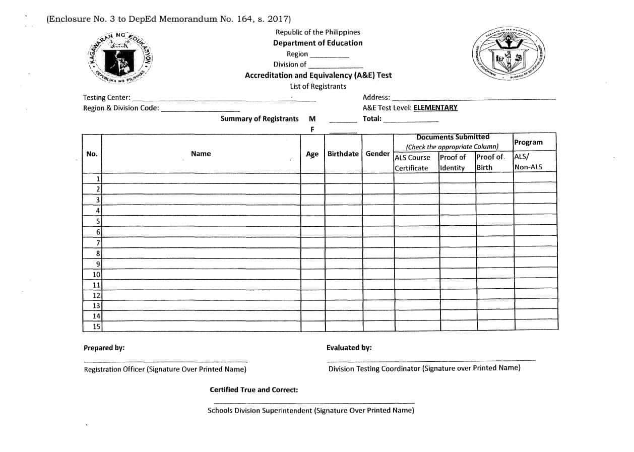 A&E Template for Registration