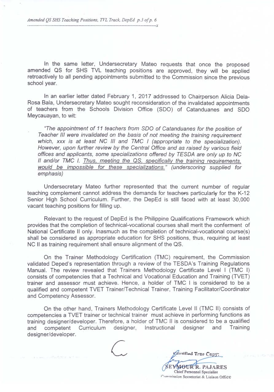 Amended TechnicalVocational Livelihood Track Qualification Standards TeacherPH