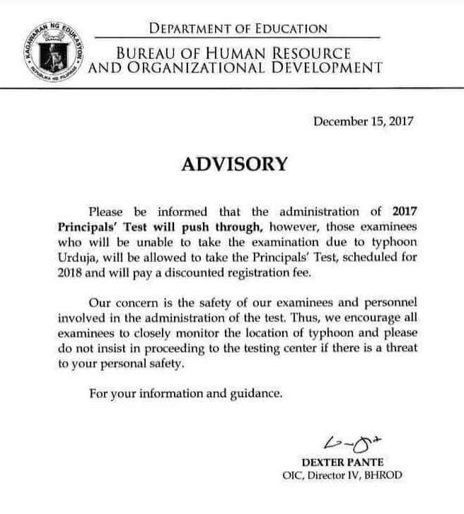 2017 Principals' Test Advisory - Typhoon Urduja