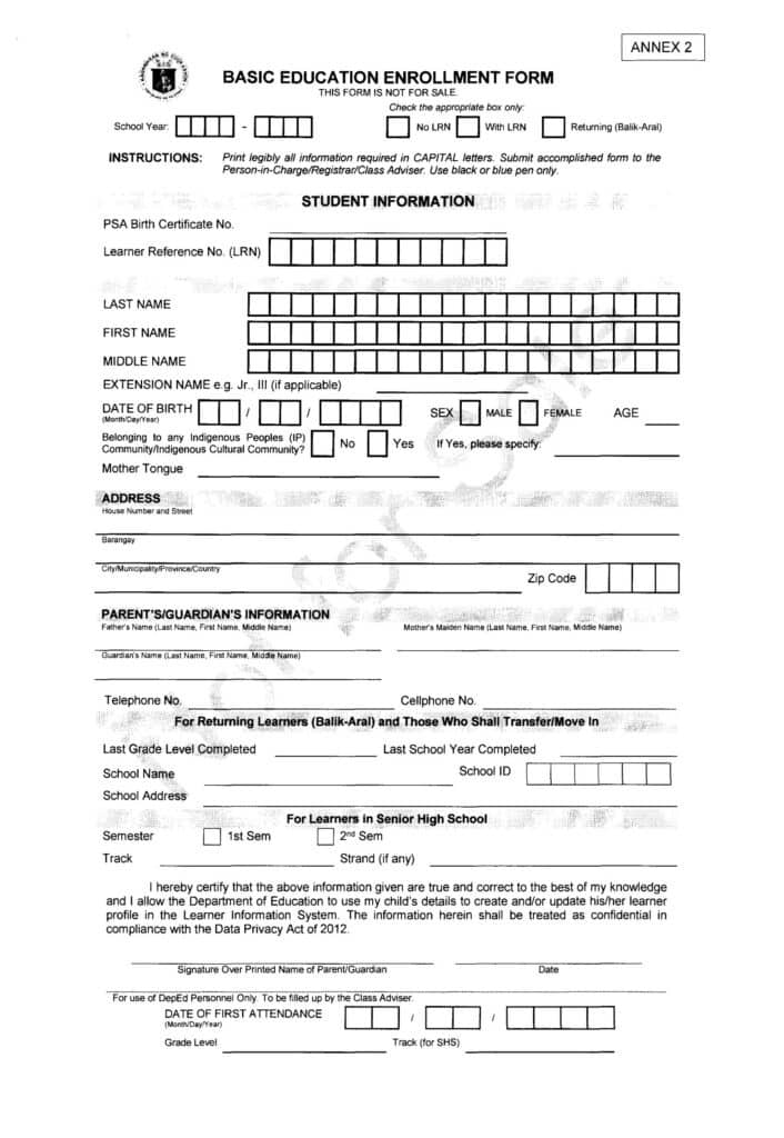 Basic Education Enrollment Form page 1