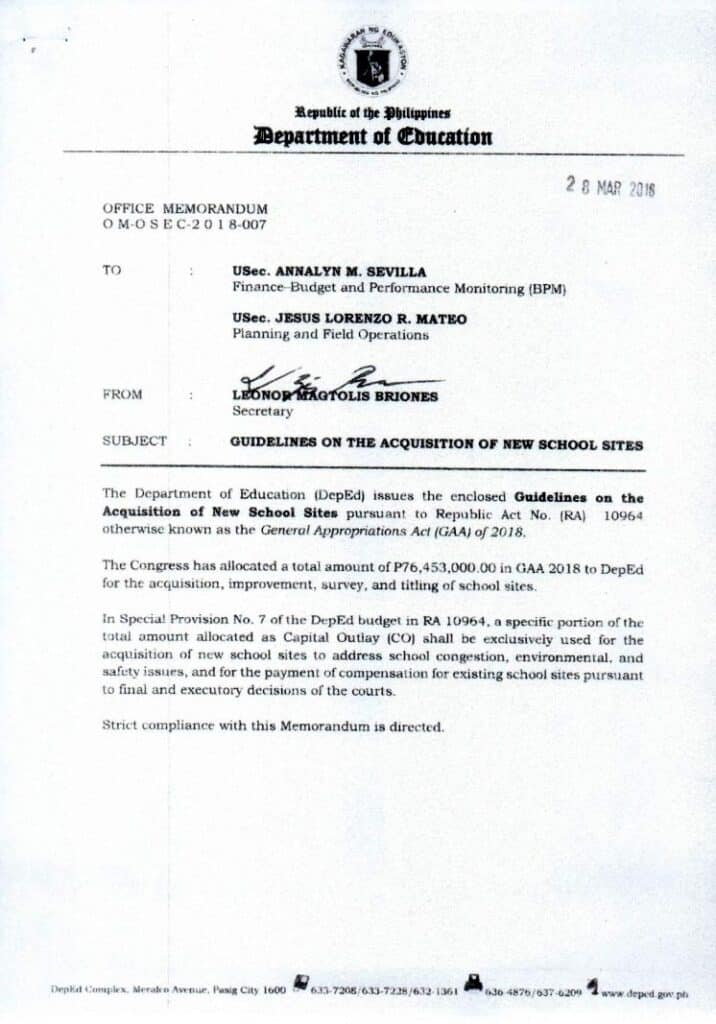 DepEd Guidelines on the Acquisition of New School Sites