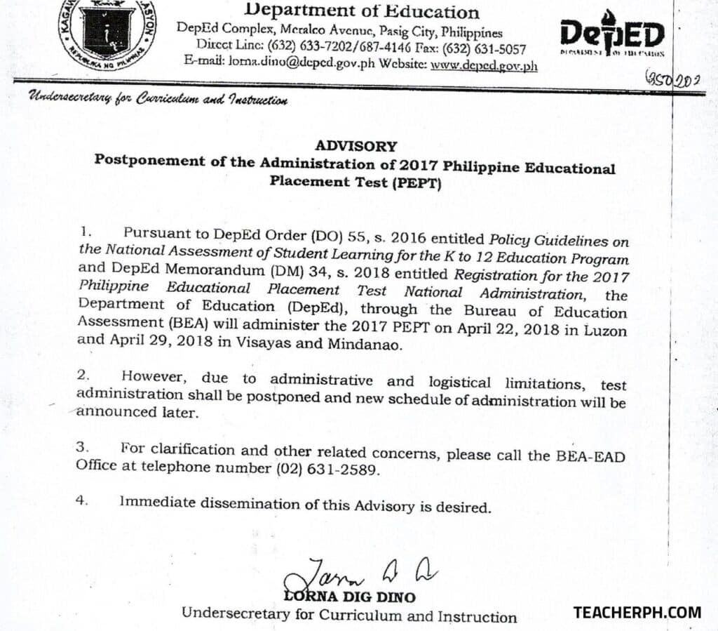 Postponement of the Administration of 2017 Philippine Educational Placement Test (PEPT)