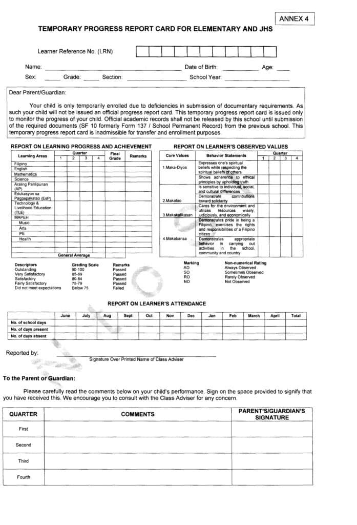 Temporary Progress Report Card for Elementary and JHS