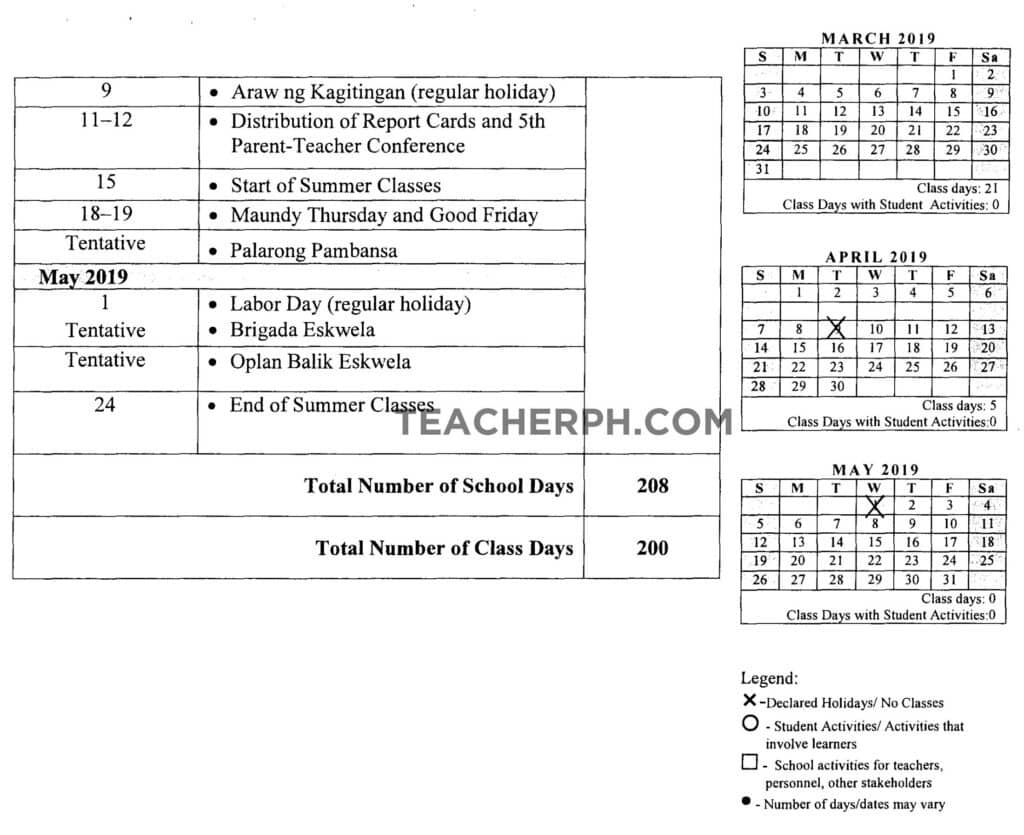 Deped School Calendar For School Year 2018 2019 Teacherph