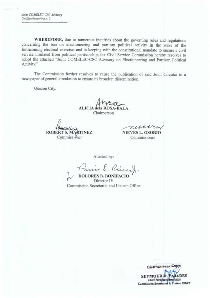 Civil Service Commission (CSC) Advisory on Electioneering and Partisan Political Activity