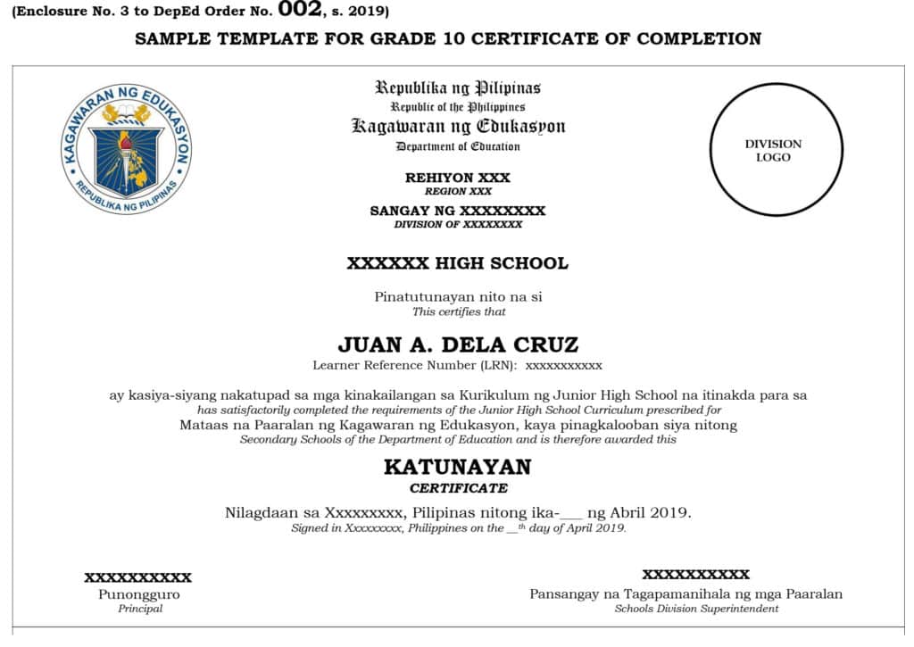 SAMPLE TEMPLATE FOR GRADE 10 CERTIFICATE OF COMPLETION