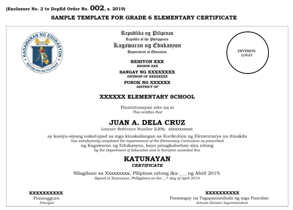 SAMPLE TEMPLATE FOR GRADE 6 ELEMENTARY CERTIFICATE