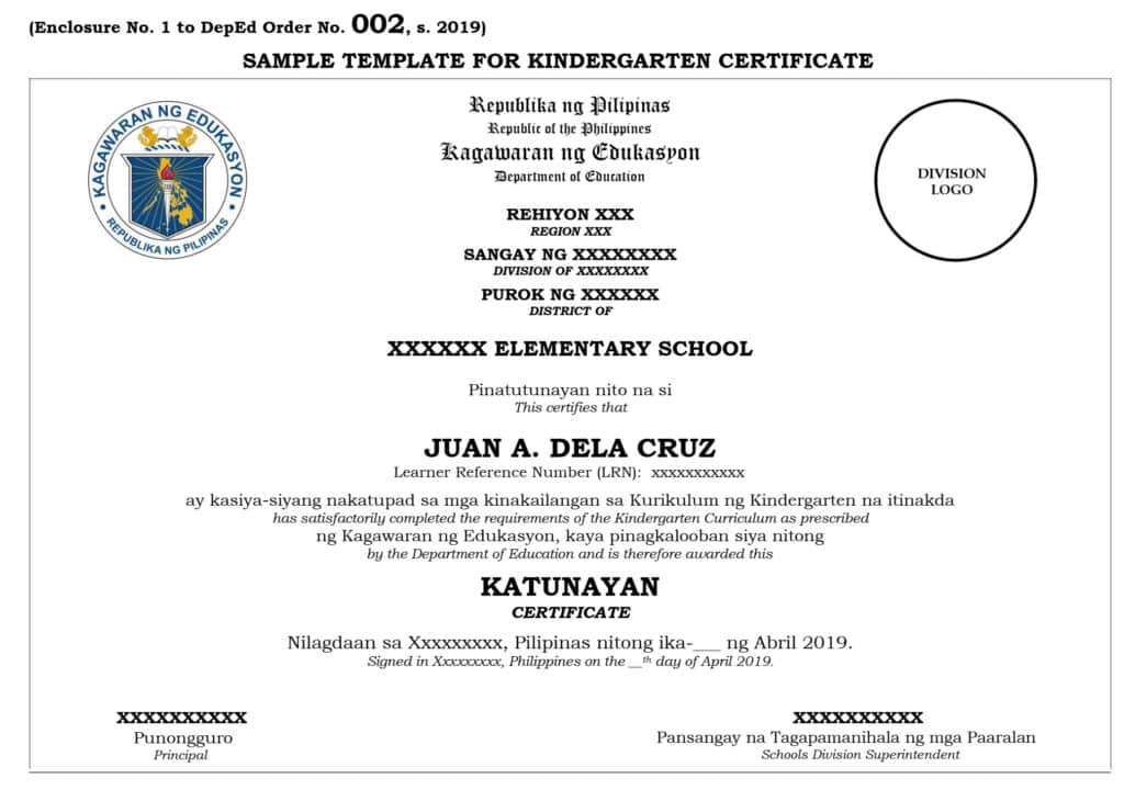 SAMPLE TEMPLATE FOR KINDERGARTEN CERTIFICATE