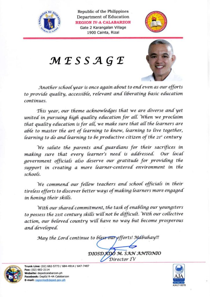 2019 Graduation Message of Regional Director Diosdado San Antonio
