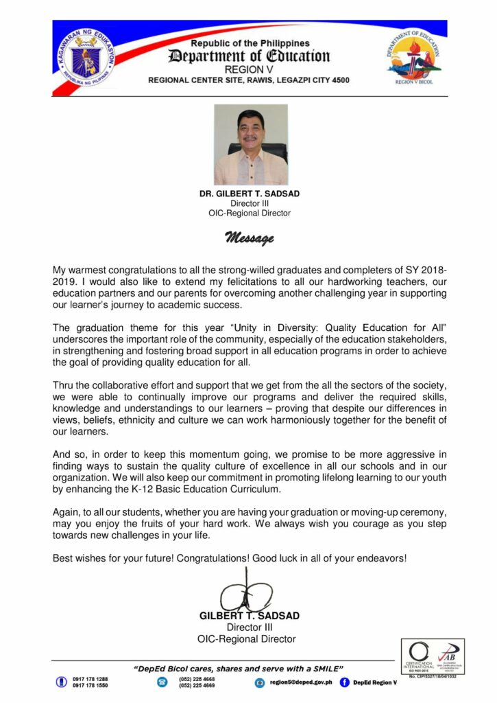 2019 Graduation Message of OIC-Regional Director Gilbert Sadsad