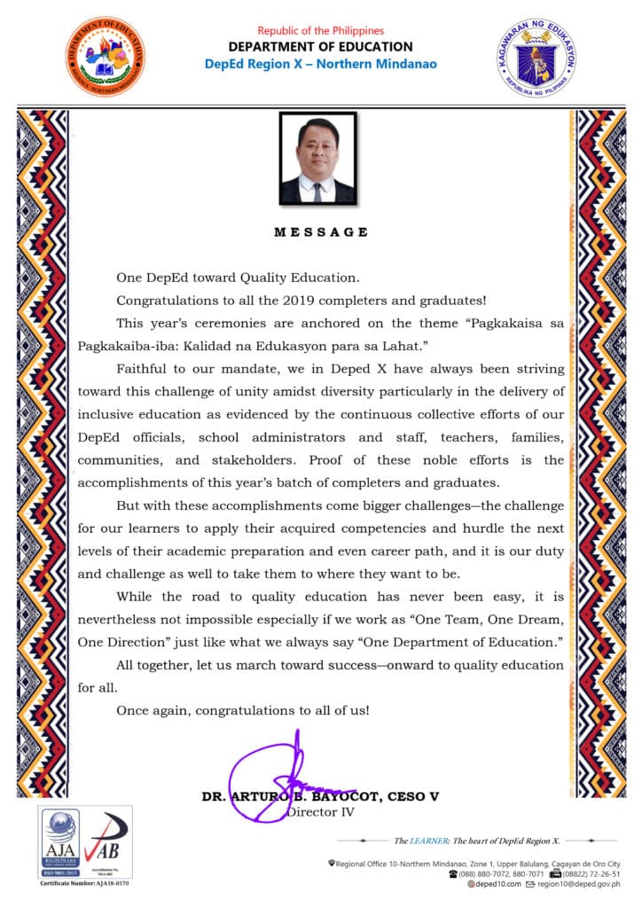2019 Graduation Message of Regional Director Arturo B. Bayocot