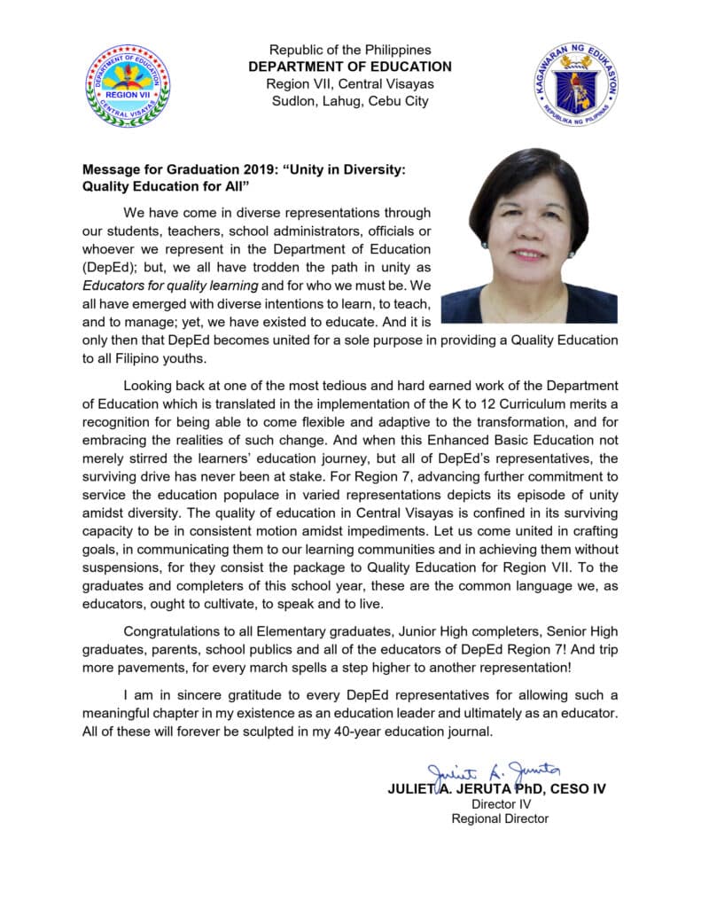 2019 Graduation Message of Regional Director Juliet A. Jeruta