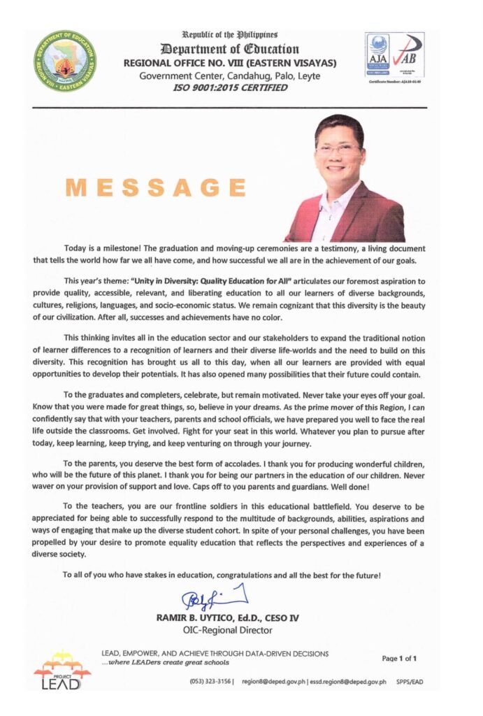 2019 Graduation Message of Regional Director Ramir Uytico