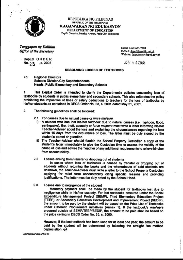 DepEd Order No. 25, s. 2003 -   Guidelines on Resolving Losses of Textbooks