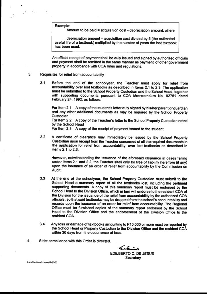 DepEd Order No. 25, s. 2003 -   Guidelines on Resolving Losses of Textbooks