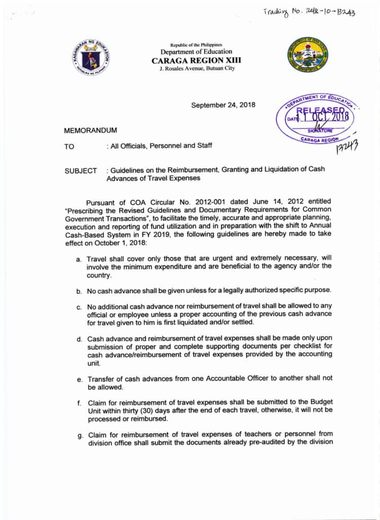 DepEd Guidelines on the Reimbursement, Granting and Liquidation of Cash Advances of Travel Expenses