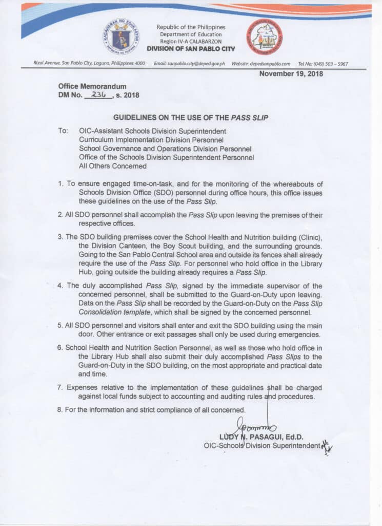 DepEd Guidelines on the Use of the Pass Slip