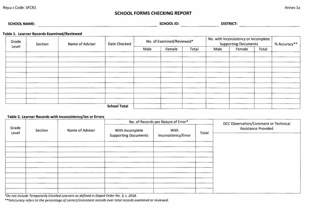 DepEd School Form SFCR1 Schools Forms Checking Report