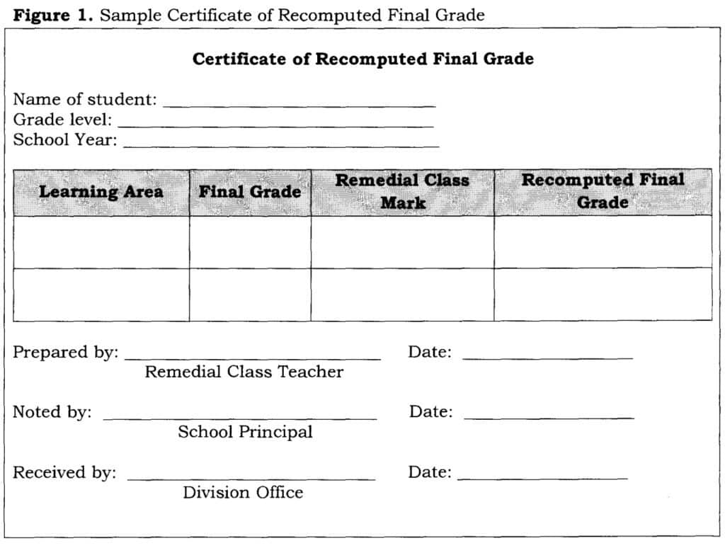Sample Certificate of Recomputed Final Grade