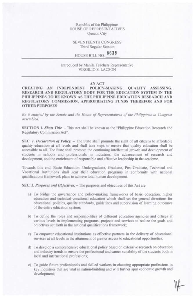 HOUSE BILL NO. 8638 PHILIPPINE EDUCATION RESEARCH AND REGULATORY COMMISSION HISTORY