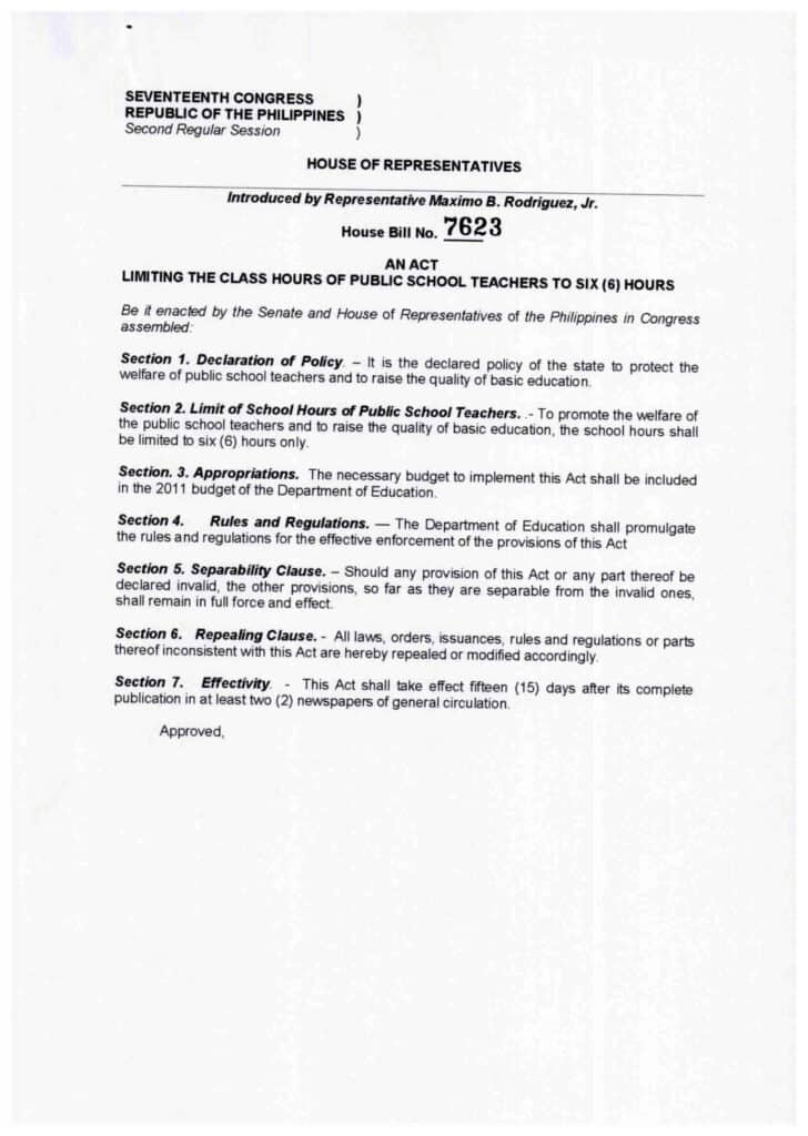 House Bill Seeks to Limit the Class Hours of Public School Teachers from Eight (8) Hours to Six (6) Hours