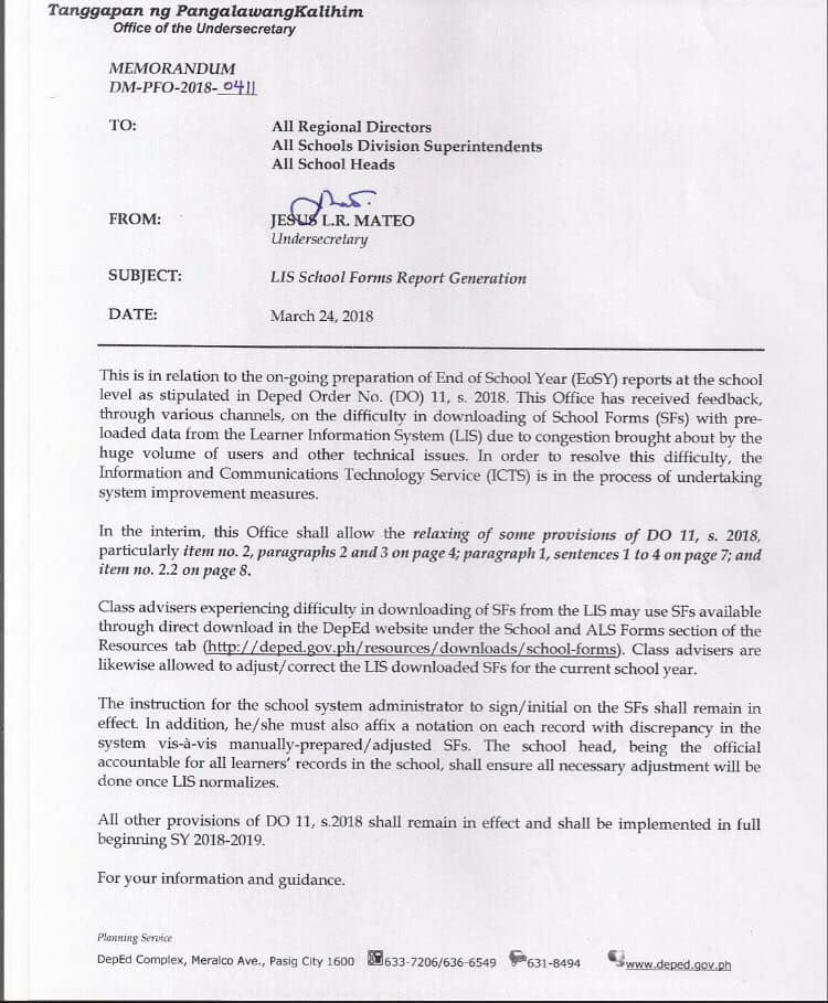 LIS School Forms Report Generation for SY 2017-2018