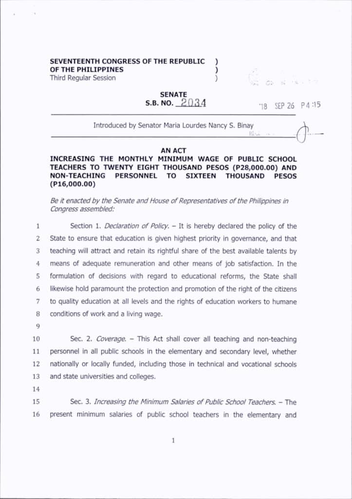 Senate Bill NO. 2034 Seeks to Raise the Salary of Public School Teachers and Non-Teaching Personnel