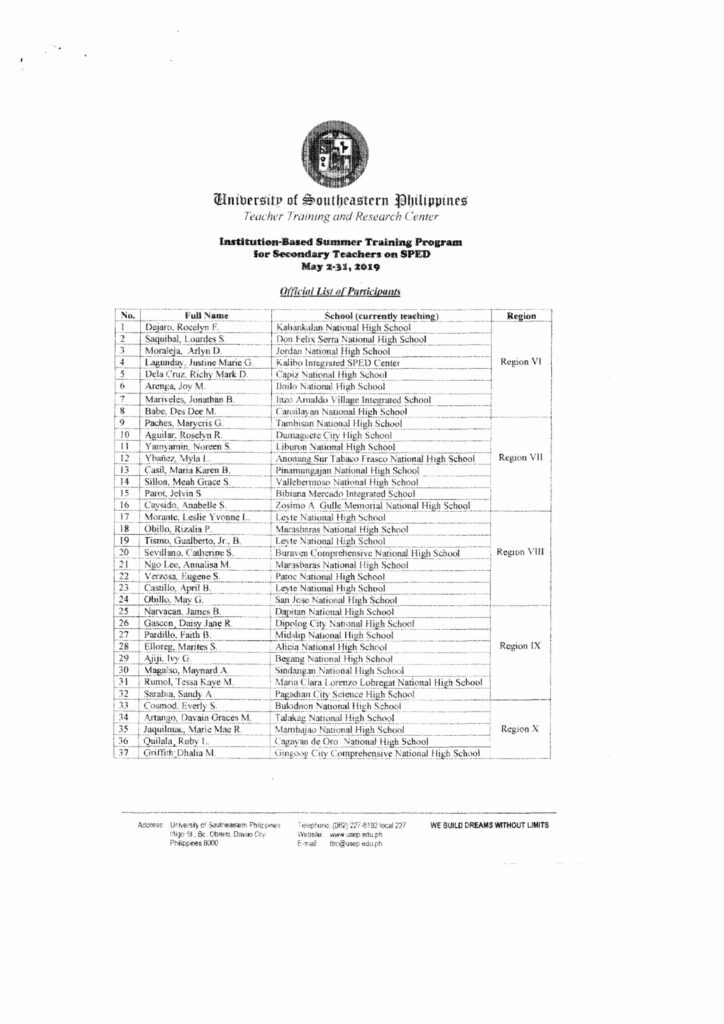 2019 DepEd Institution-Based Summer Training Program for Secondary School Teachers