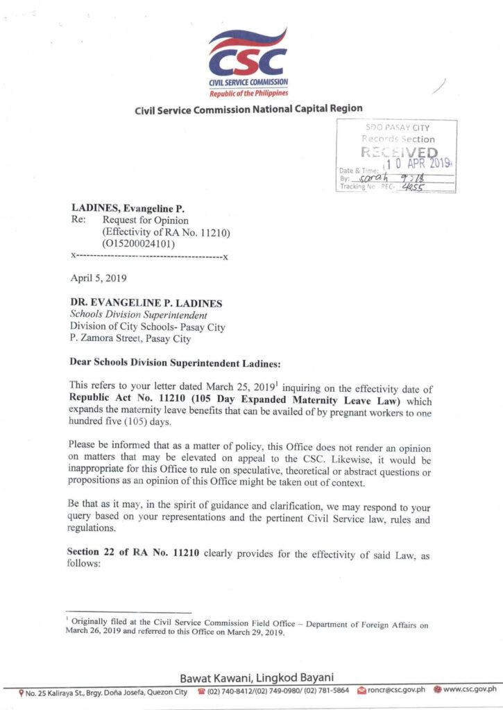 CSC CLARIFICATIONS ON THE 105 DAY EXPANDED MATERNITY LEAVE LAW (RA 11210)