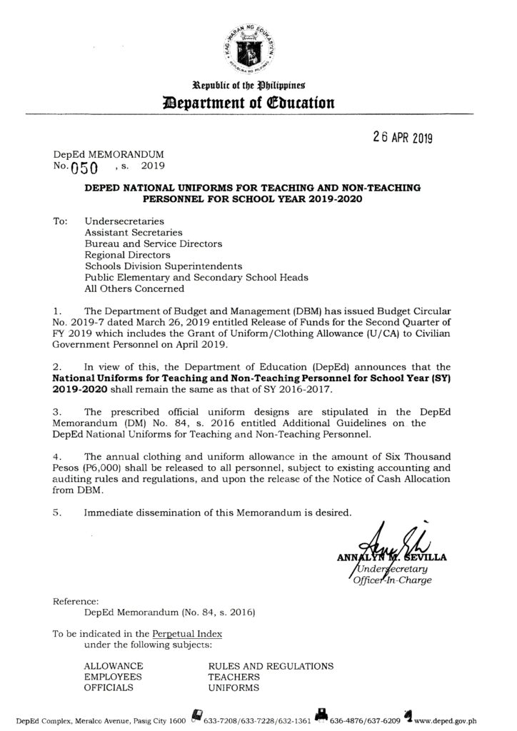 DepEd National Uniforms for Teaching and Non-Teaching Personnel for School Year 2019-2020