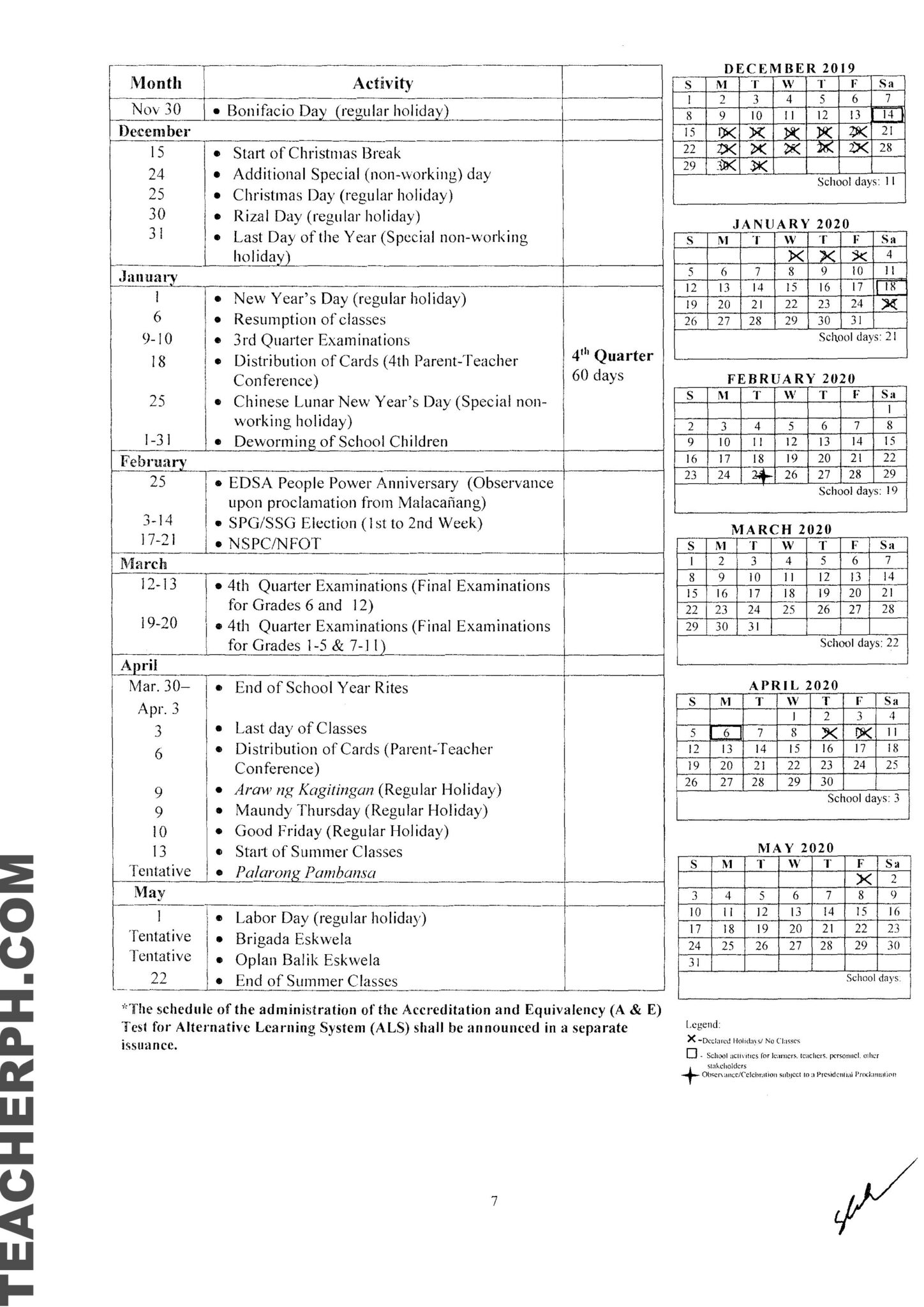 DepEd School Calendar for School Year 20192020 TeacherPH