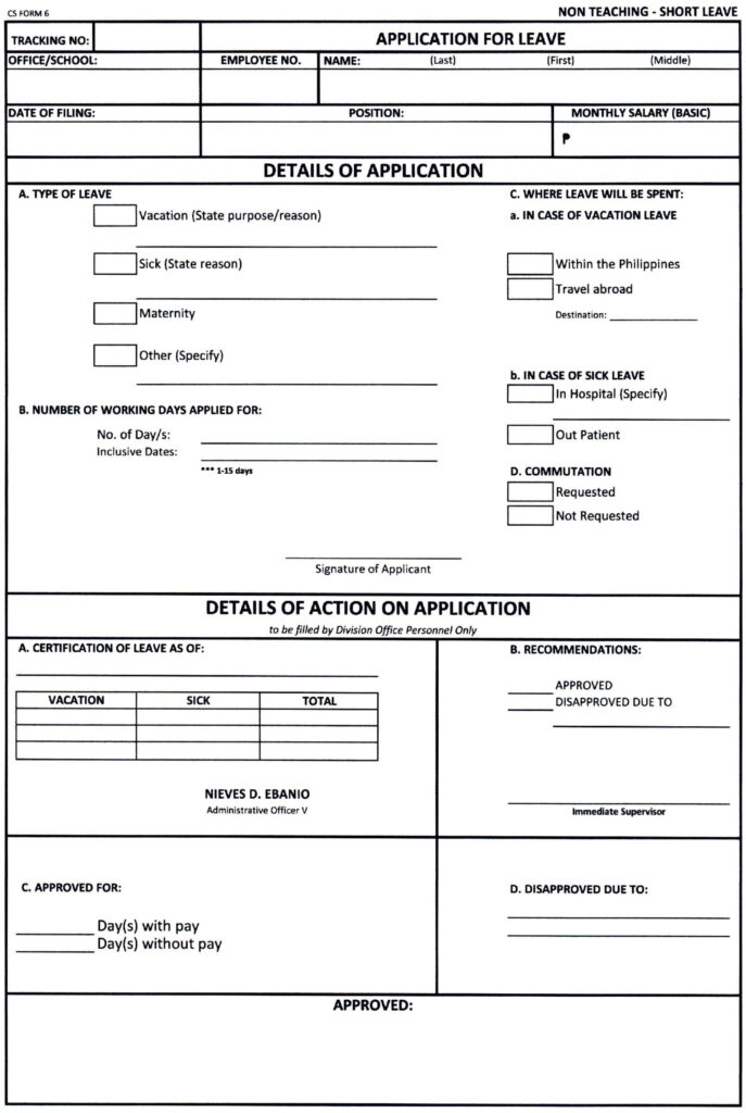 SAMPLE CS FORM 6 - LEAVE OF ABSENCE