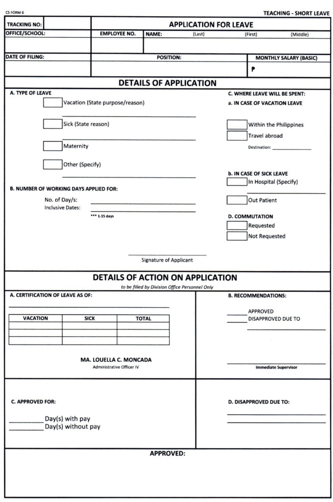 SAMPLE CS FORM 6 - LEAVE OF ABSENCE