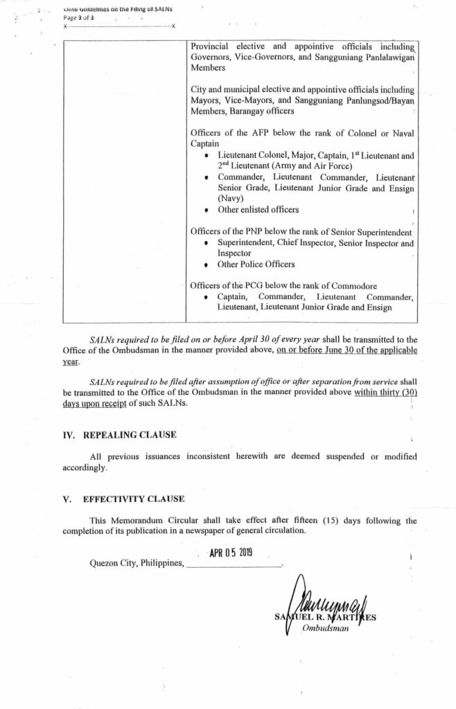 2019 Amended Guidelines on the Transmittal of SALNs