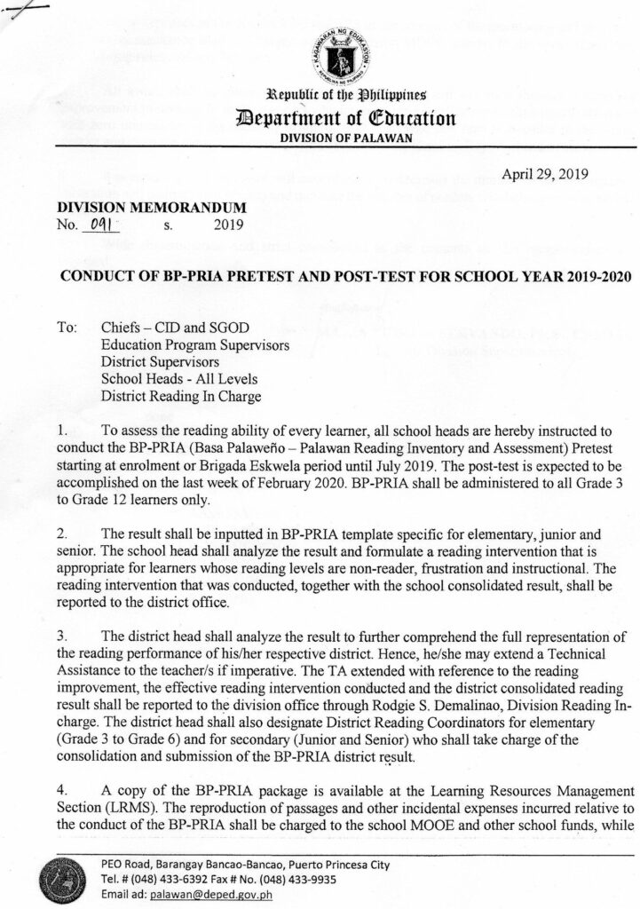 CONDUCT OF BP-PRIA PRETEST AND POST-TEST FOR SCHOOL YEAR 2019-2020