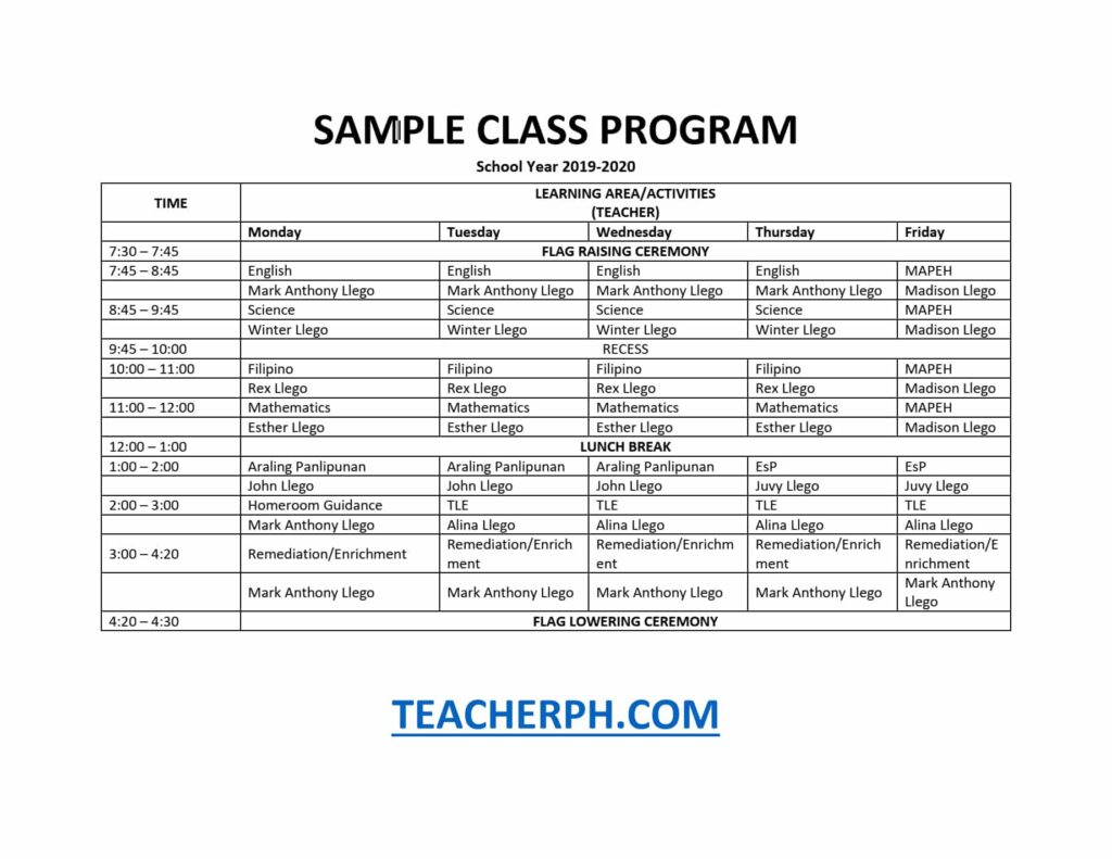 DepEd Sample Class Program LEARNING AREA/ACTIVITIES (TEACHER)