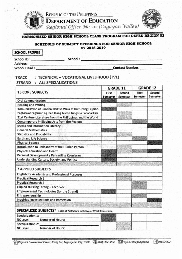 Harmonized Senior High School Class Program TVL Track