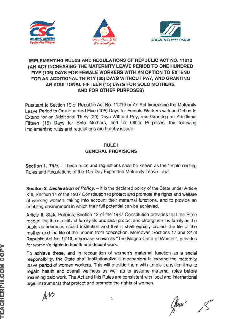 Implementing Rules and Regulations of Republic Act No. 11210 Otherwise Known as the 105-Day Expanded Maternity Leave Law