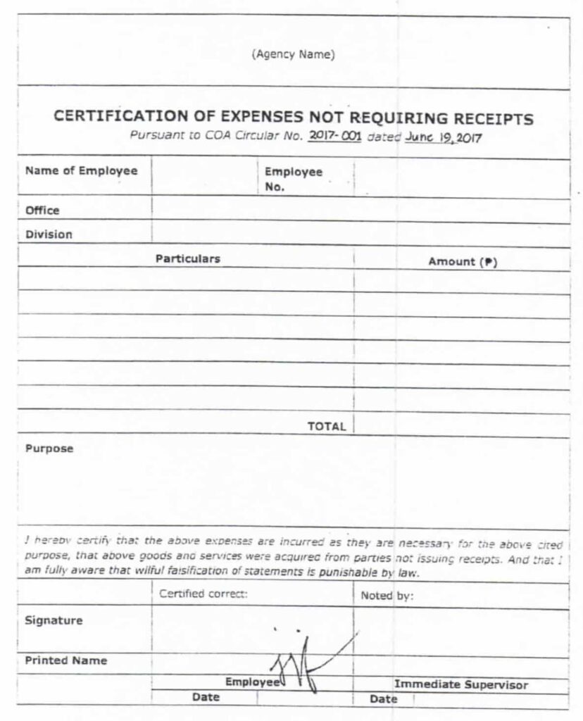 MOOE Certification of Expenses Not Requiring Receipts