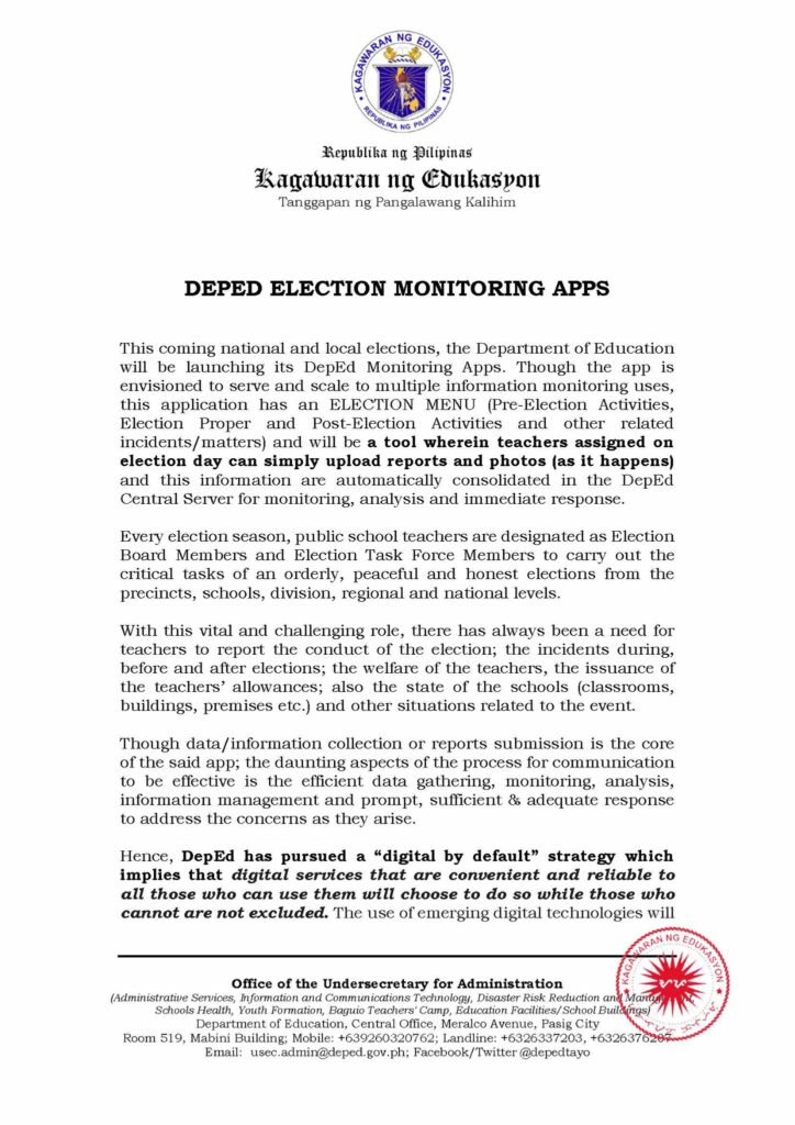 Roll-Out and Use of Facebook Workplace and Deped Election Monitoring Apps