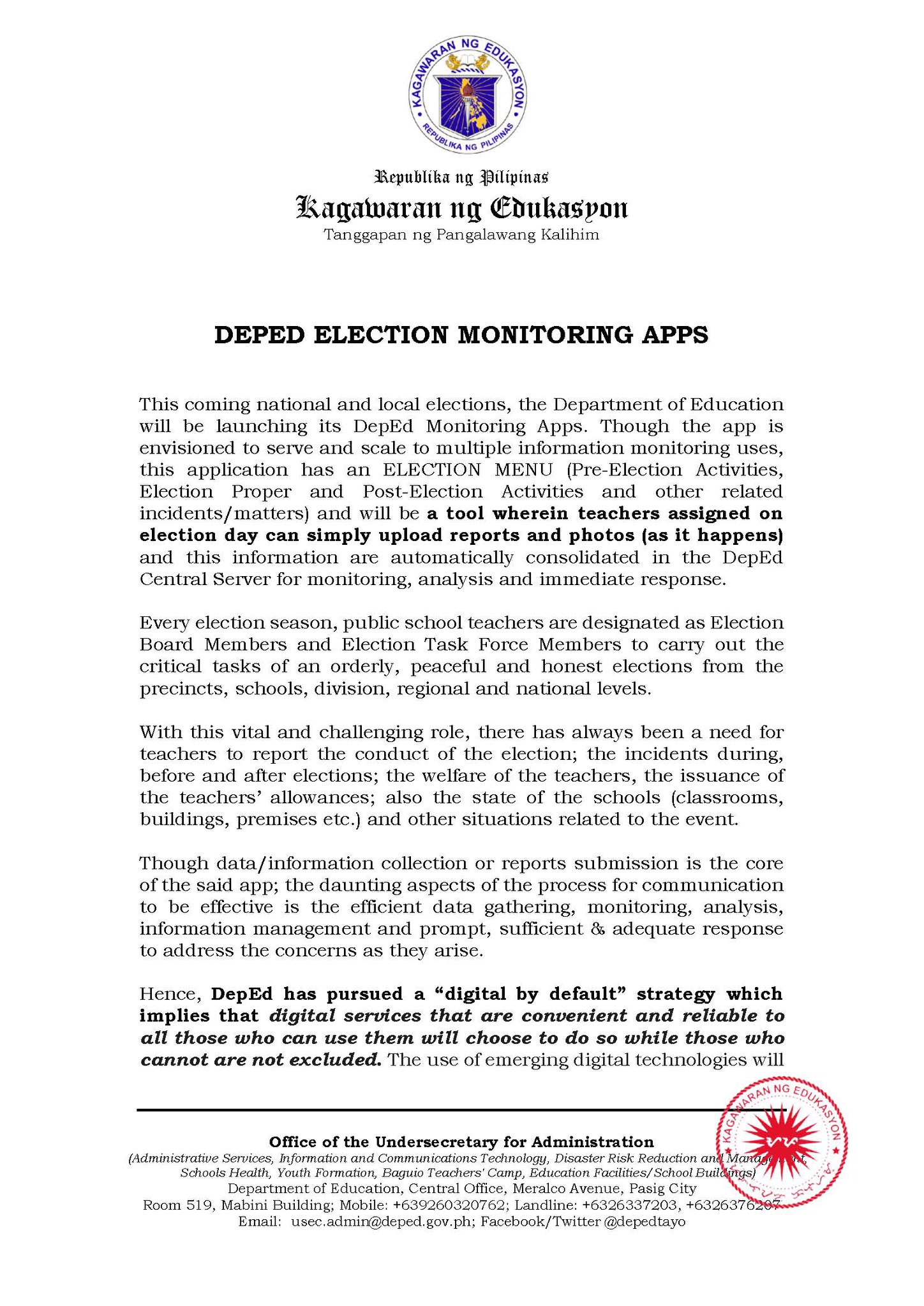Roll-Out and Use of Facebook Workplace and Deped Election Monitoring ...