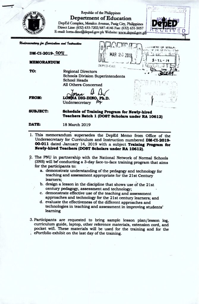 Schedule of Training Program for Newly-hired Teachers (DOST Scholars under RA 10612)