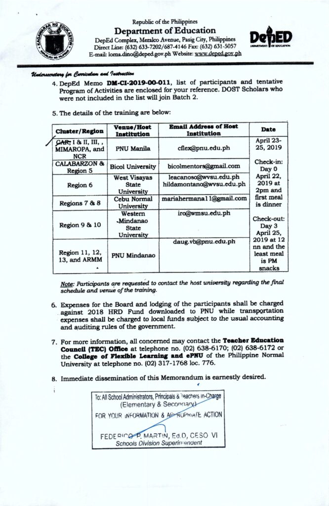 Schedule of Training Program for Newly-hired Teachers (DOST Scholars under RA 10612)