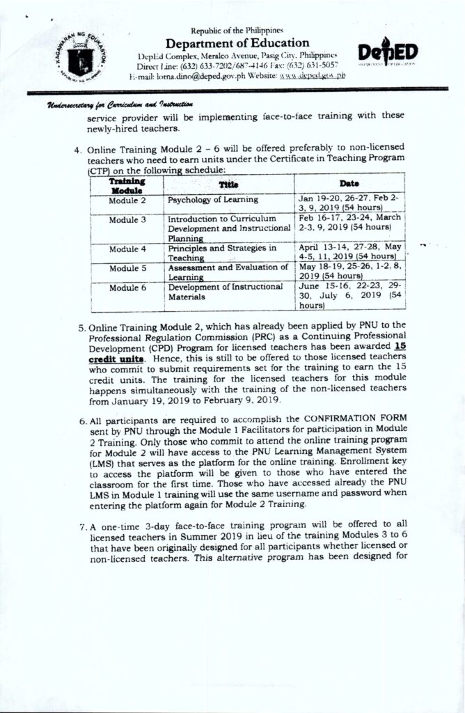 Schedule of Training Program for Newly-hired Teachers (DOST Scholars under RA 10612)