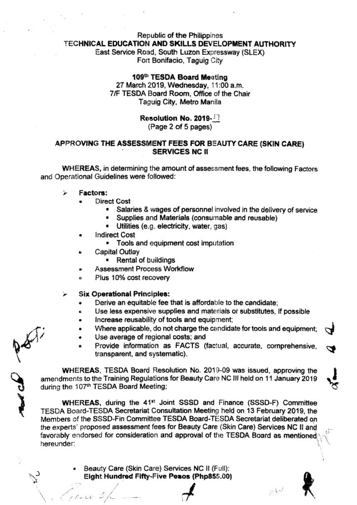 Assessment Fees for Senior High School Technical-Vocational-Livelihood Specializations