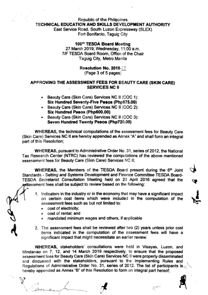 Assessment Fees for Senior High School Technical-Vocational-Livelihood Specializations